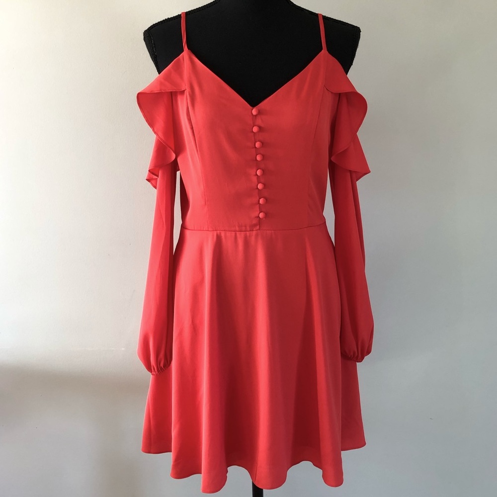 Women’s bebe Coral Cold shoulder Ruffle flair Mini dress size 8